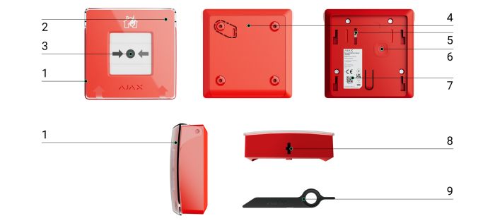 Бездротова настінна кнопка для активації пожежної тривоги вручну для житлових об'єктів Ajax Manual Call Point, jeweller, бездротовий, червоний
