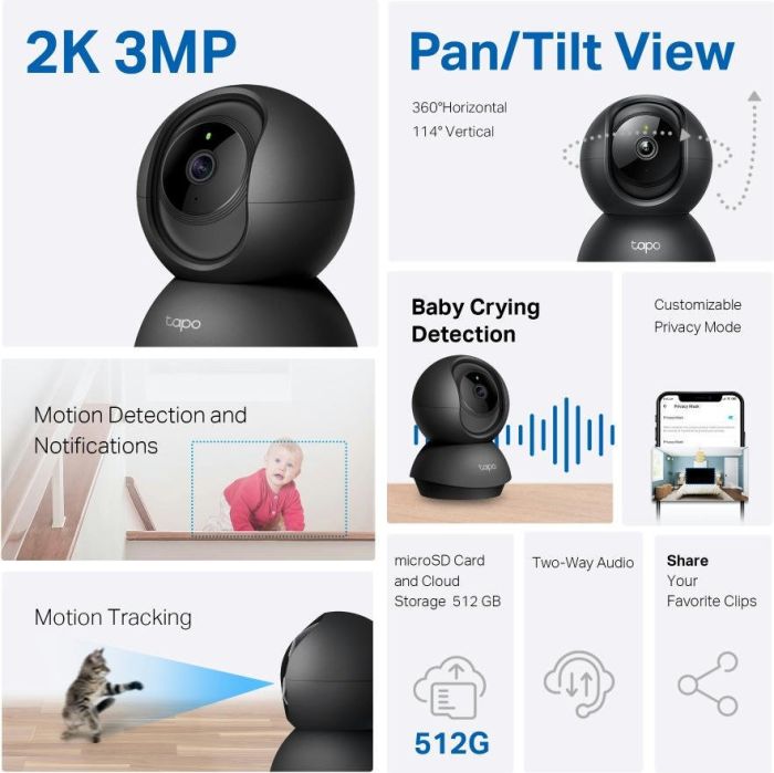 IP-Камера TP-LINK Tapo C211 3MP N300 microSD motion detection черная