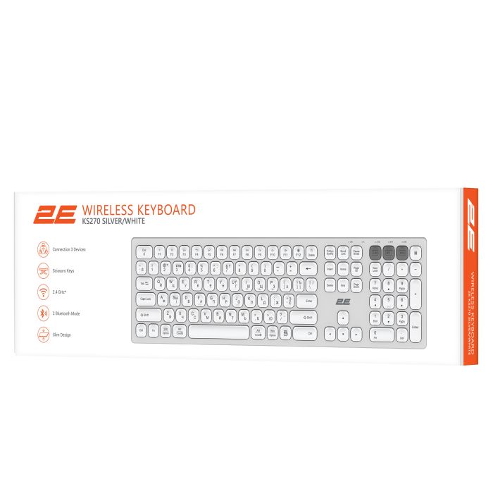 Клавіатура ножнична 2E KS270 105key, WL/BT, EN/UK/RU, сріблясто-білий