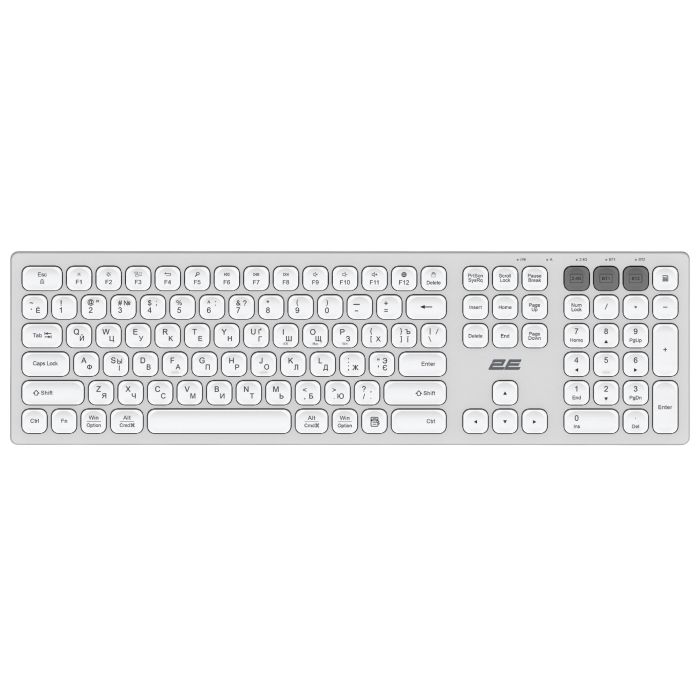 Клавіатура ножнична 2E KS270 105key, WL/BT, EN/UK/RU, сріблясто-білий