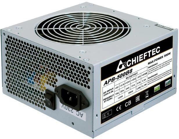 Блок питания CHIEFTEC Value  (500W), >80%, 80+ White(230V Only), 120мм, 1xMB 24pin(20+4), 1xCPU 8pin(4+4), 2xMolex, 3xSATA, 1xPCIe 8pin(6+2), Bulk