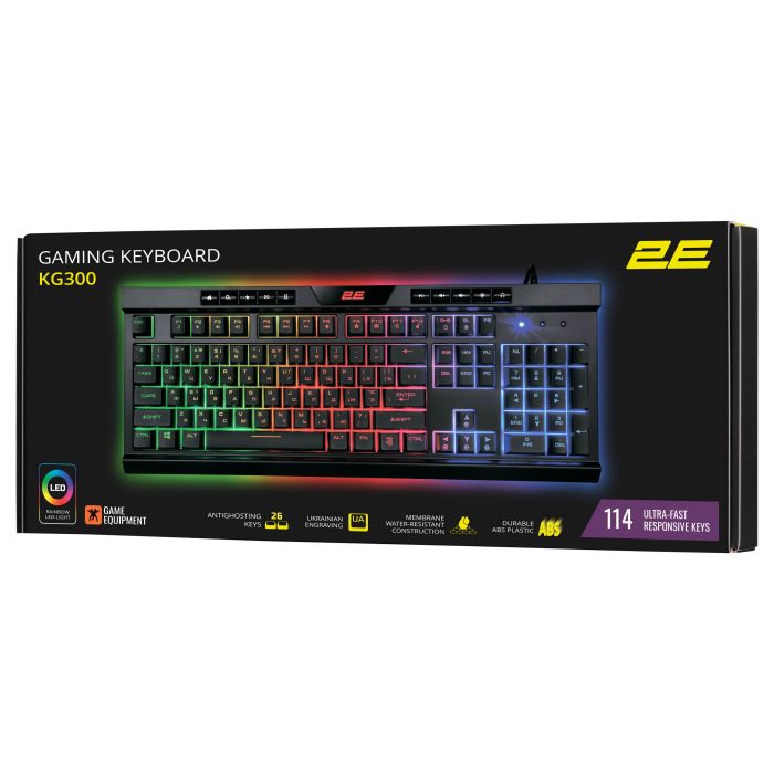 Клавіатура мембранна 2E GAMING KG300 114key, USB-A, EN/UA, LED, чорний