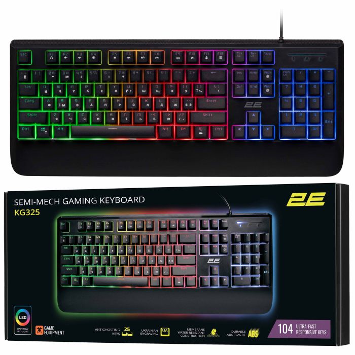 Клавиатура мембранная 2E GAMING KG325 104key, USB-A, EN/UA/RU, LED, чёрный