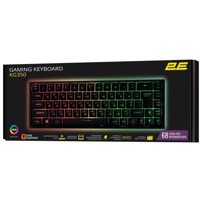 Клавиатура мембранная 2E GAMING KG350 68key, USB-A, EN/UA/RU, RGB, чёрный