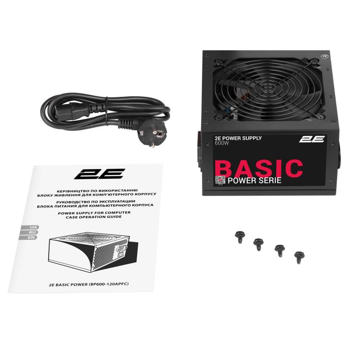 2E PSU Basic Power  (600W), 80%, 120mm, 1xMB 24pin(20+4), 1xCPU 8pin(4+4), 3xMolex, 4xSATA, 2xPCIe 8pin(6+2)