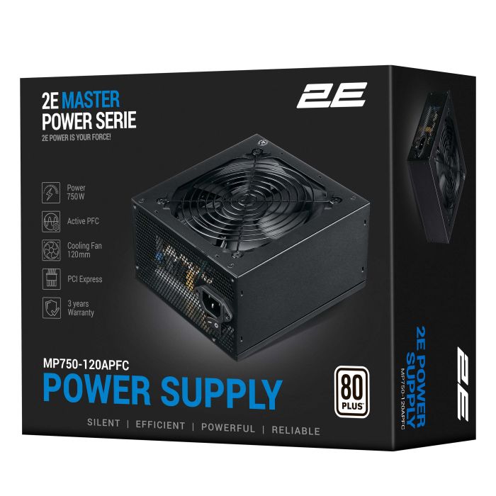 Блок питания 2E Master Power  (750W), >80%, 80+ White, 120мм, 1xMB 24pin(20+4), 1xCPU 8pin(4+4), 3xMolex, 5xSATA, 4xPCIe 8pin(6+2)