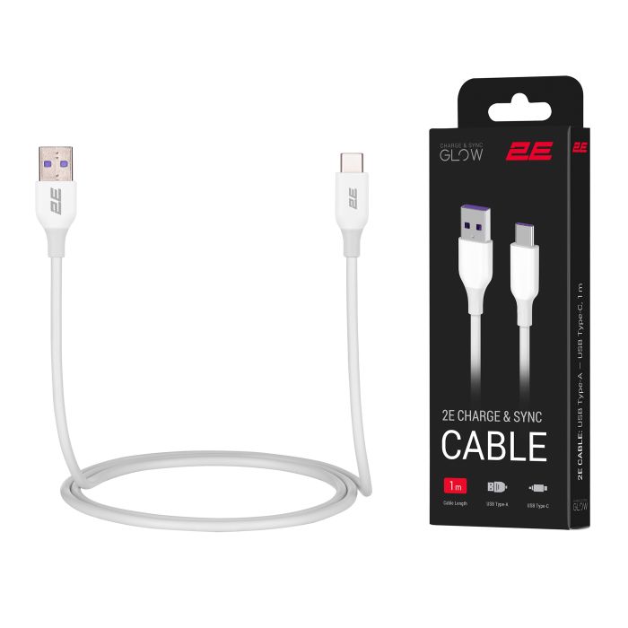 2E Сable USB-A > USB-C charge/data, 1m, Type-C, Glow, white