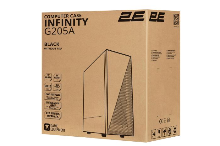 Корпус 2E GAMING Infinity G205A без БЖ 2xUSB3.0, 1xUSBType-C, 1x120мм ARGB, 2x120мм, VGA 345мм, LCS ready, TG Side Panel, ATX, чорний