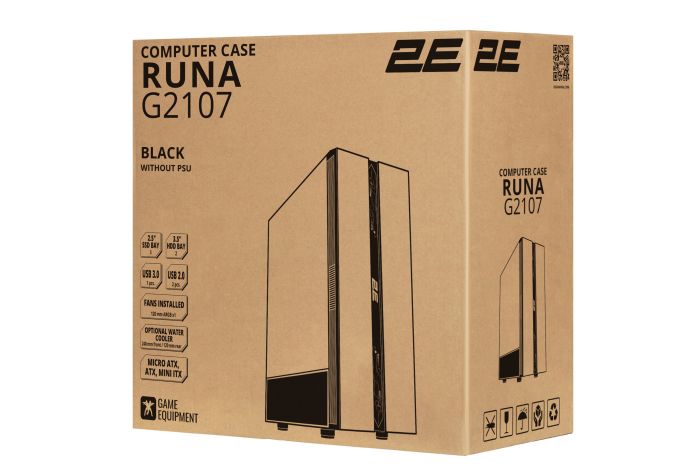 2E GAMING PC case Runa G2107 without PSU, 1xUSB3.0, 2xUSB2.0, 1x120mm ARGB, VGA 325mm, LCS ready, TG Side Panel, ATX, black