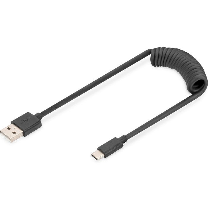 DIGITUS Cable USB-C > USB-A charge/data, 1m, Type-C, spiral, black