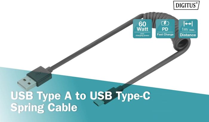 DIGITUS Cable USB-C > USB-A charge/data, 1m, Type-C, spiral, black