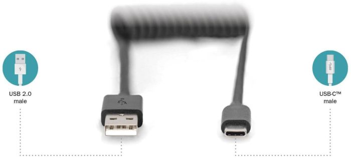DIGITUS Cable USB-C > USB-A charge/data, 1m, Type-C, spiral, black