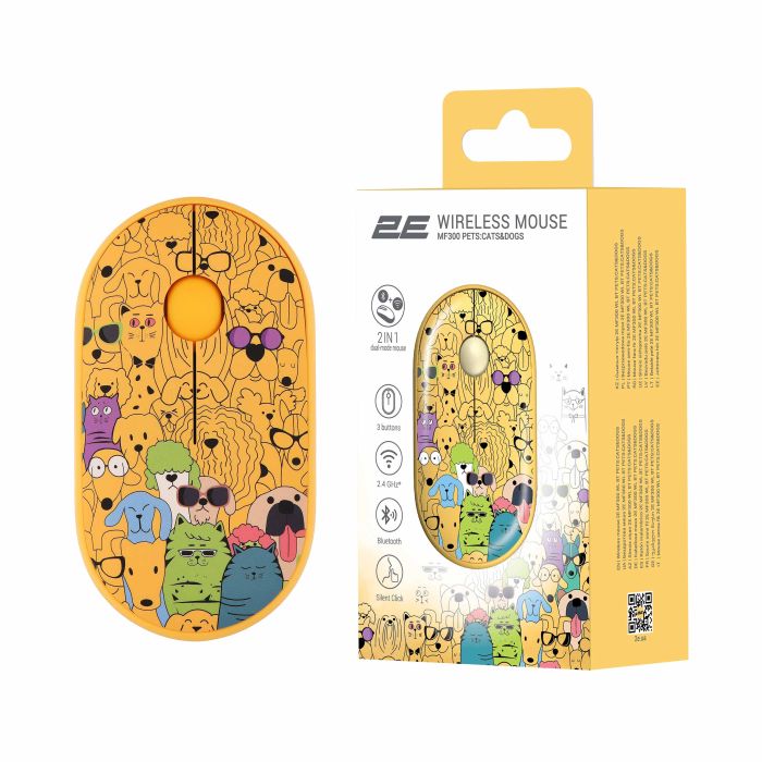 Мышь 2E MF300 PETS:CATS&DOGS  Silent WL BT, жёлтый