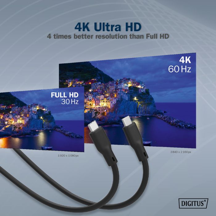 Кабель DIGITUS USB-C зарядки/синхронизации, USB 3.2 Gen 2, 10G, 100W, 4K, силиконовый, 1м, черный