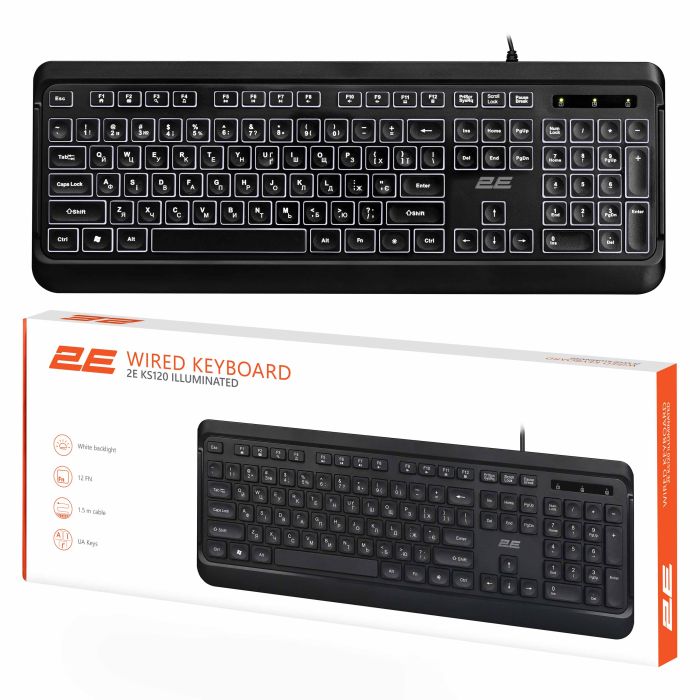 Клавиатура мембранная 2E KS120 104key, USB-A, EN/UK, White LED, чёрный
