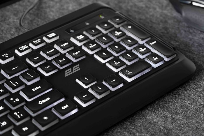 Клавиатура мембранная 2E KS120 104key, USB-A, EN/UK, White LED, чёрный