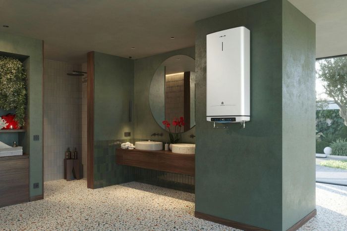 Water heater electric. Ariston flat slim VELIS PRO DRY WIFI 80 EU, 80l, 2*1,5kW, dry ten, un. installation, electric control, B, Italy, White