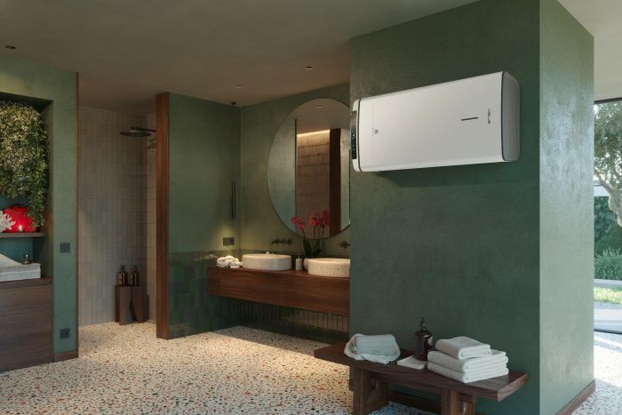 Water heater electric. Ariston flat slim VELIS PRO DRY WIFI 80 EU, 80l, 2*1,5kW, dry ten, un. installation, electric control, B, Italy, White