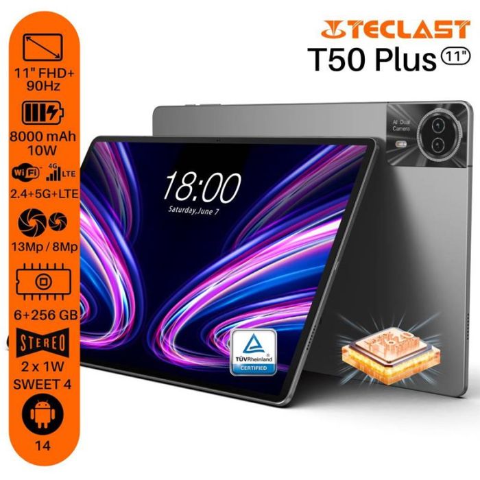 Планшет Teclast T50 Plus 11" 6ГБ, 256ГБ, LTE, 8000мА•ч, Android, серый