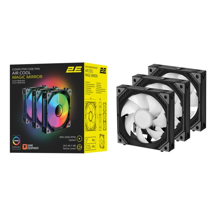 Корпусні вентилятори 2E GAMING Air Cool Magic Mirror ACF120MB-ARGB, 3x120мм, 2000rpm, 4pin PWM +5VARGB, 20.5dBa, чорний