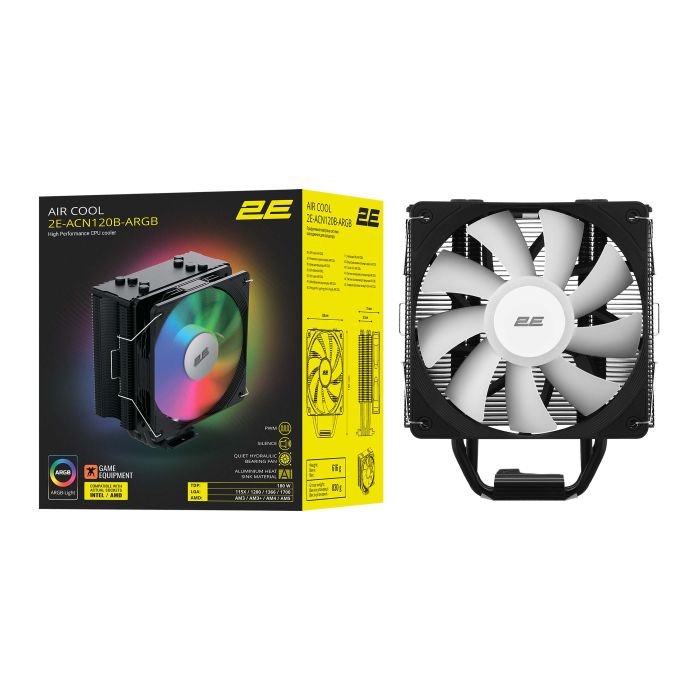 2E GAMING CPU cooler Air Cool ACN120B-ARGB, LGA1851, 1700, 1200, 115x, 1366, AM5, AM4, AM3, AM3+, 4pin PWM, 3pin +5VARGB, TDP 180W