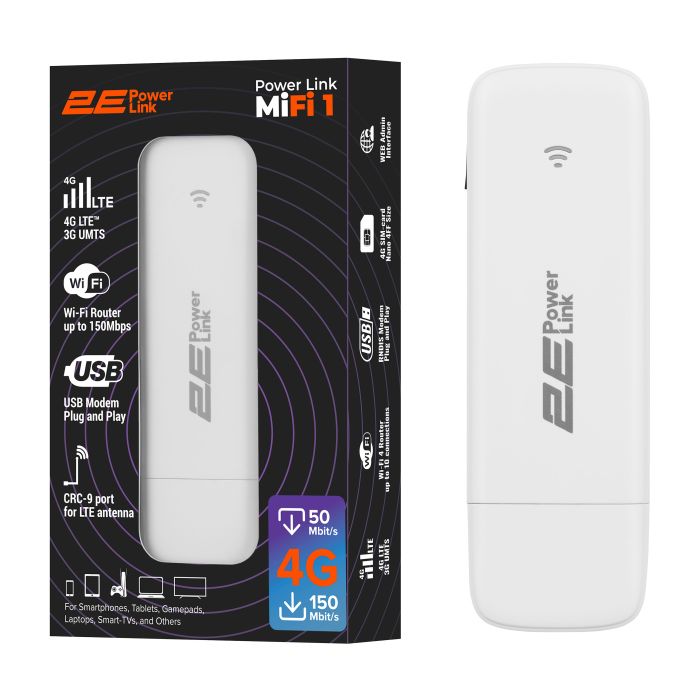 Мобильный маршрутизатор 2E PowerLink (MiFi-1 2024) LTE, Wi-Fi4, 1xUSB, 1xCRC9 белый