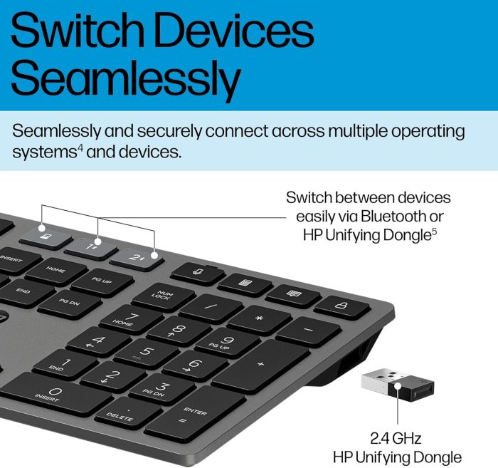 Клавиатура мембранная HP 720 Multi-Device Rechargeable, 109key, WL/BT, EN/UK, чорний