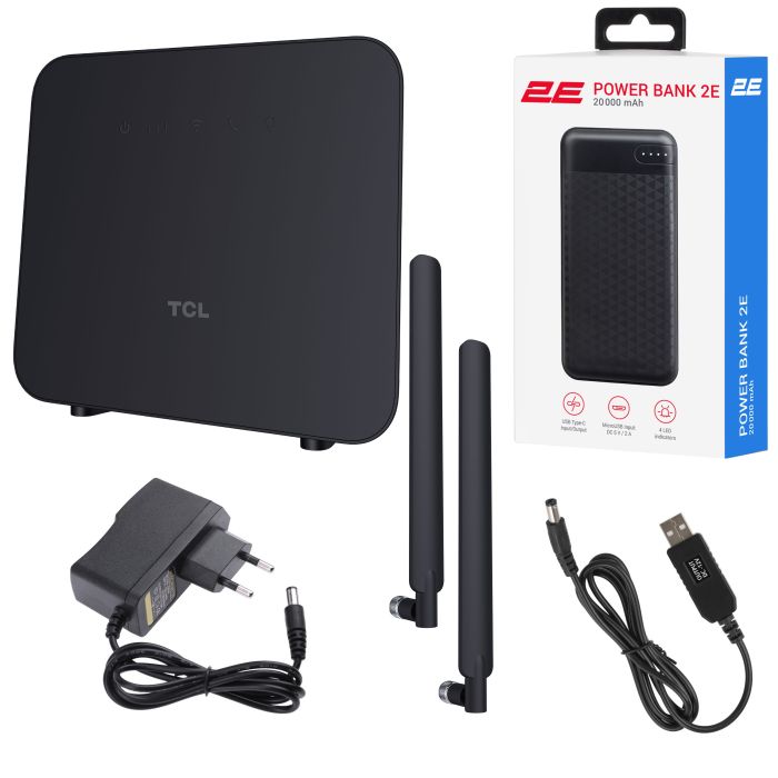 Router TCL LINKHUB (HH42CV2) LTE, Wi-Fi4, 1xFE LAN/WAN, 1xFE LAN, 2xSMA, Black + Power Bank 20000mAh + USB-DC cable 5V-12V