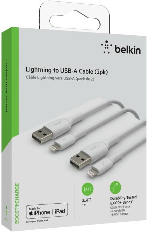 Кабель USB-A > Lightning заряджання/синхронізації Belkin 1м, 12Вт, PVC, (2 Pack), білий