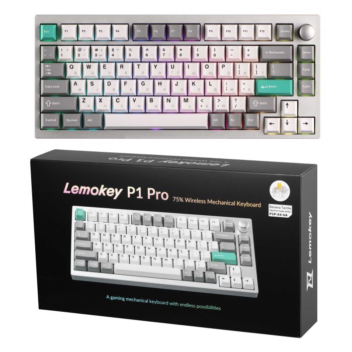 Mechanical keyboard Lemokey  P1 Pro 84Key, Keychron Super Banana, WL/BT/USB-A, QMK/VIA, Hot-Swap, EN/UKR, RGB,  Knob, Space Silver