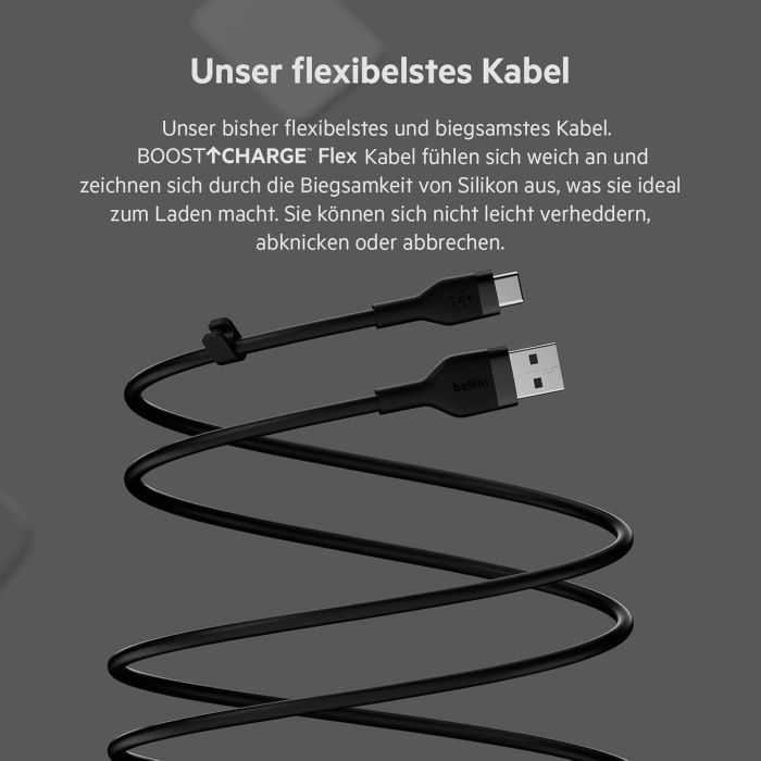 Belkin Cable USB-A - USB-C SILICONE, with clip, 3m, black