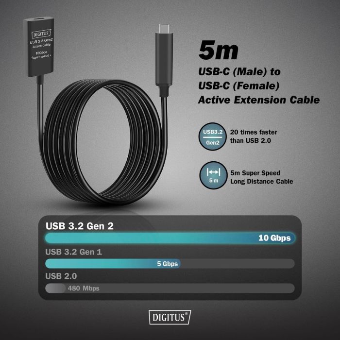 DIGITUS Active USB-C Extension Cable, 5m 10G, USB 3.2 Gen2, USB-C - USB-C (M/F)