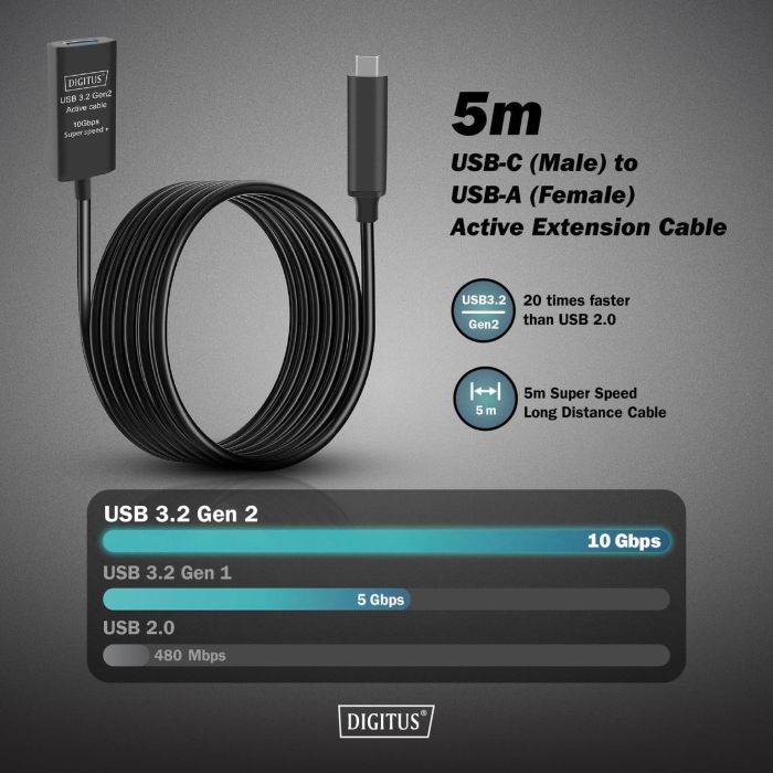DIGITUS Active USB-C Extension Cable, 5m 10G, USB 3.2 Gen2, USB-C - USB-A (M/F)
