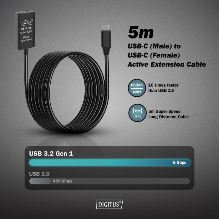 DIGITUS Active USB-C Extension Cable, 5m 5G, USB 3.2 Gen1, USB-C - USB-C (M/F)