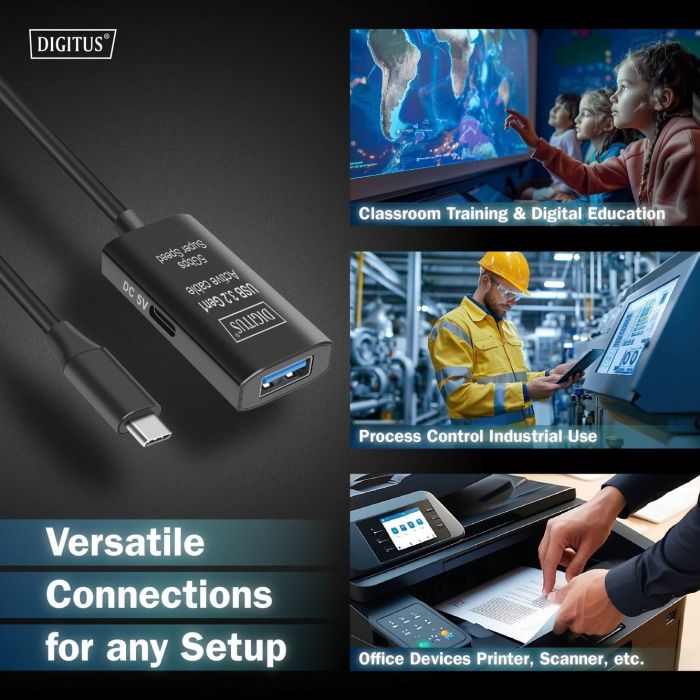 Подовжувач DIGITUS USB 3.2 Gen1 Active Cable 5G, C/M-A/F, 5м, чорний