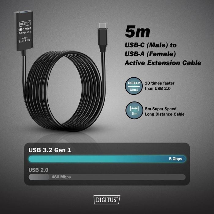 Подовжувач DIGITUS USB 3.2 Gen1 Active Cable 5G, C/M-A/F, 5м, чорний