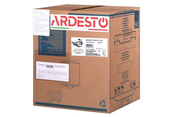 Electric water heater. ARDESTO NEU NTS 50 V 1.5K EU2 round, 50l, 1.5kW, mechanical control, C, Italy, white