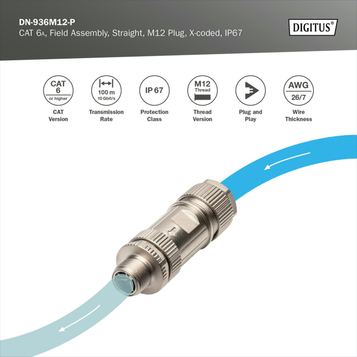 Коннектор DIGITUS CАТ 6A M12 M, X-coded, STP, IP67