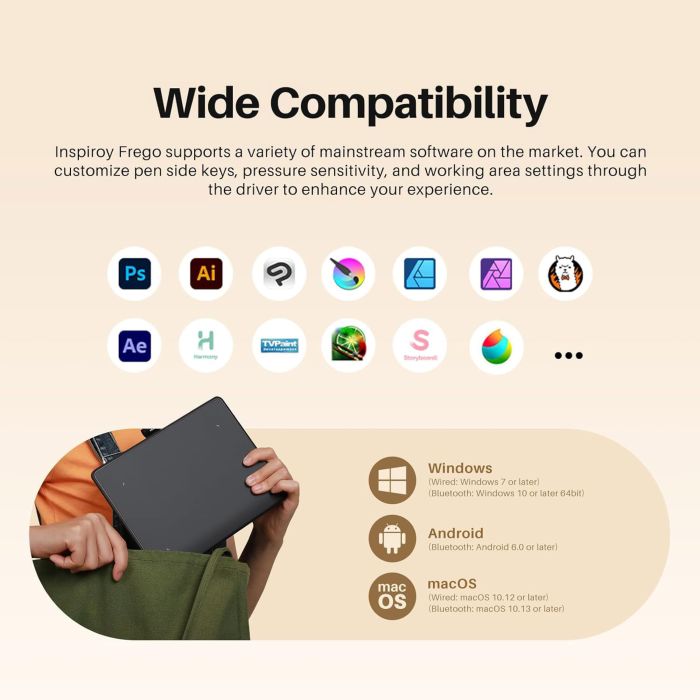 Huion Graphical tablet 6.3"x3,9" Inspiroy Frego S, BT, USB-C, black