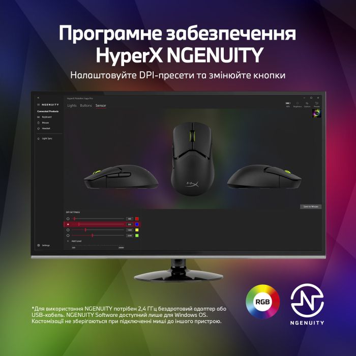 Миша HyperX Pulsefire SAGA PRO, RGB, USB-A/WL/BT, чорний