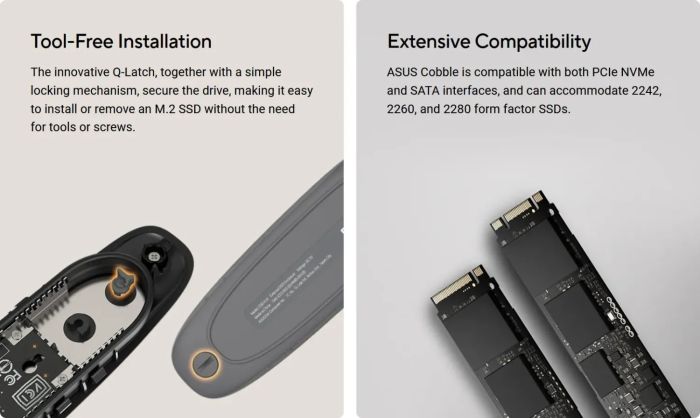 Портативний корпус ASUS для SSD COBBLE/GRAY/G/AS/ESD-A1A /GRAY/G/ PCIe NVMe M.2 2230/2242/2260/2280 USB Type-C 3.2 Gen 2x1 сірий