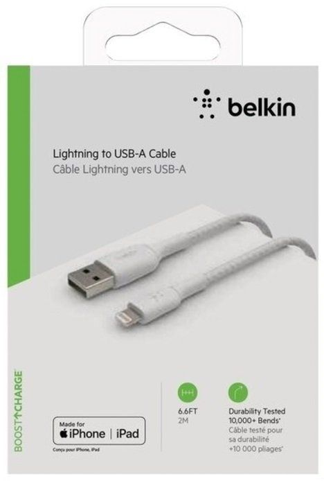 Кабель USB-A > Lightning зарядки/синхронизации Belkin 2м, витой, белый