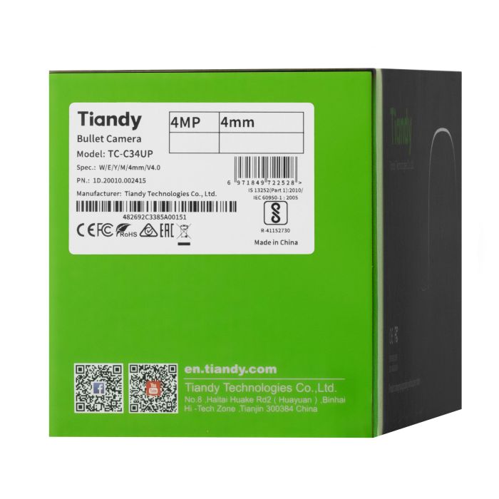 IP-камера  : 4MP, Color Maker Bullet, 4 мм, f/1.0, LED до 20 м, PoE, IP67 Tiandy TC-C34UP