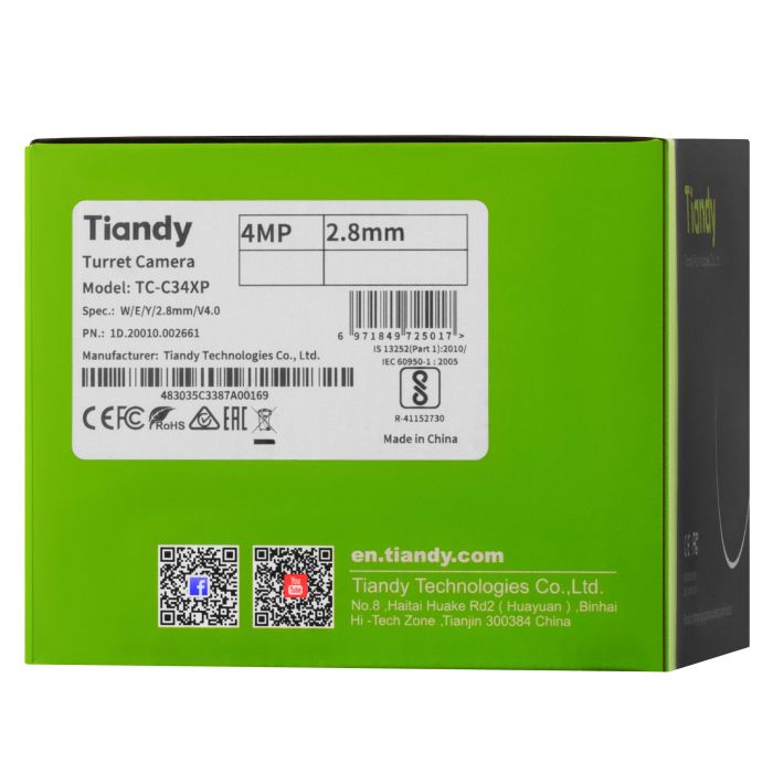 IP Camera  : 4MP, Color Maker Turret, 2.8mm, f/1.0, LED 15m, DC 12V, PoE, IP67 Tiandy TC-C34XP