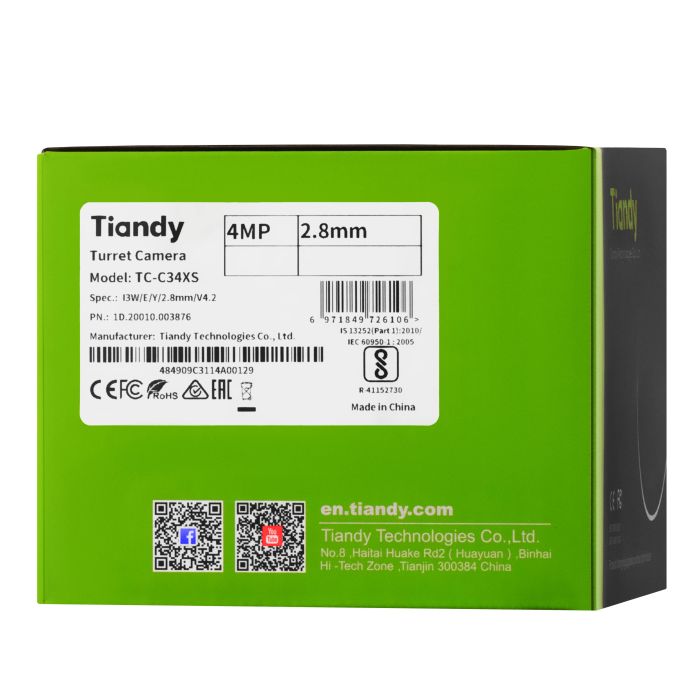 IP-камера   Spec:I3W/E/Y/2.8mm/V4.2, 4MP, Starlight Color Maker Turret, 2.8mm, f/1.6, IR30m, LED15m, PoE, IP67 Tiandy TC-C34XS