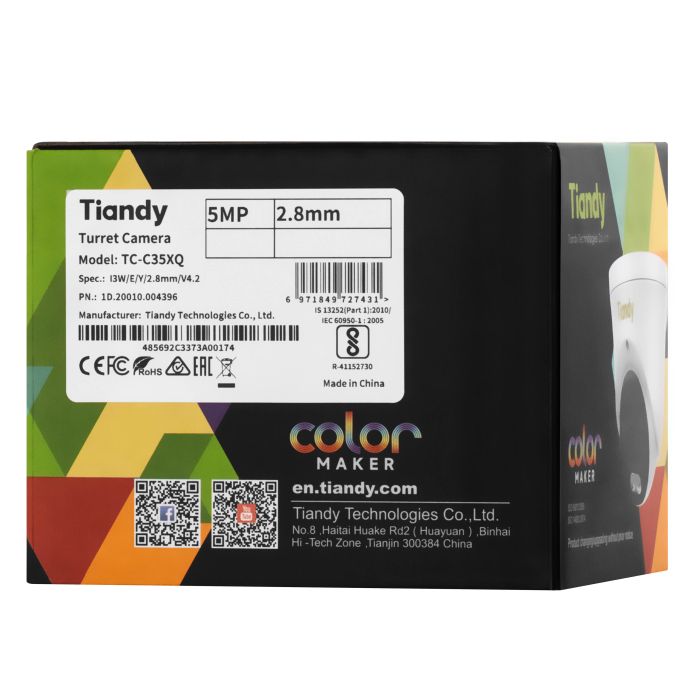 IP-камера   Spec:I3W/E/Y/2.8mm/V4.2, 5MP, EW Color Maker Turret, 2.8mm, f/1.0, IR30m, LED15m, DC12V, PoE, IP66, Speaker Tiandy TC-C35XQ