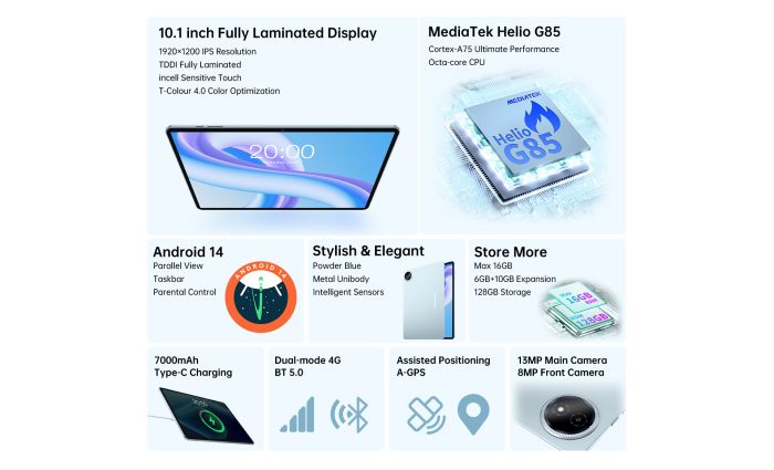 Планшет Teclast M50 Plus 10.1" 6ГБ, 128ГБ, LTE, 7000мА•ч, Android, голубой