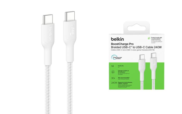 Belkin сable USB-C > USB-C charge/data, 1m, 240W, Type-C, BRAIDED, white
