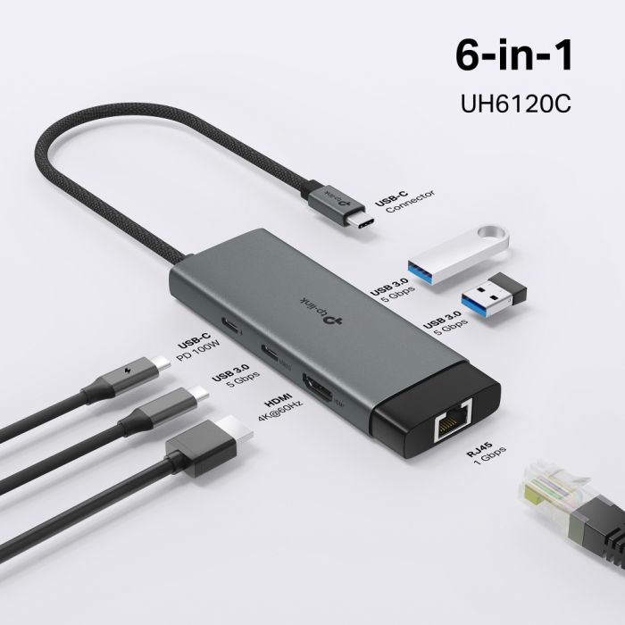 Хаб USB TP-LINK  USB-A > 2xUSB3.0/1xUSB-C/1xHDMI/1xRJ-45/1xPD 100Wh TP-Link UH6120C