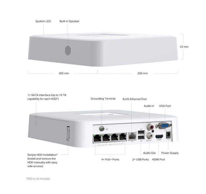 IP Video Recorder TP-LINK VIGI NVR1104H-4P, 4 channels Poe, 2xUSB, H265+, 1xHDD, up to 16 TB, white